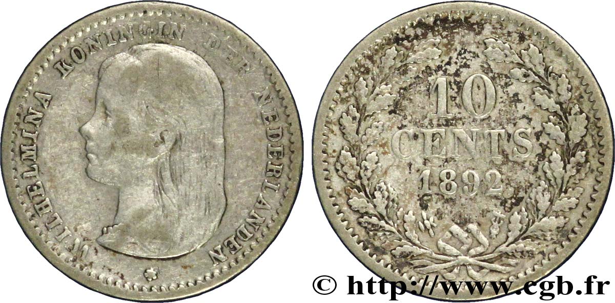 NETHERLANDS 10 Cents Wilhelmine 1892 Utrecht VF 