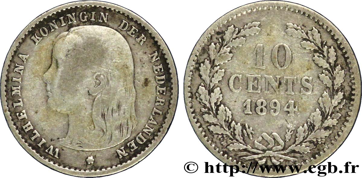 NETHERLANDS 10 Cents Wilhelmine 1894 Utrecht VF 
