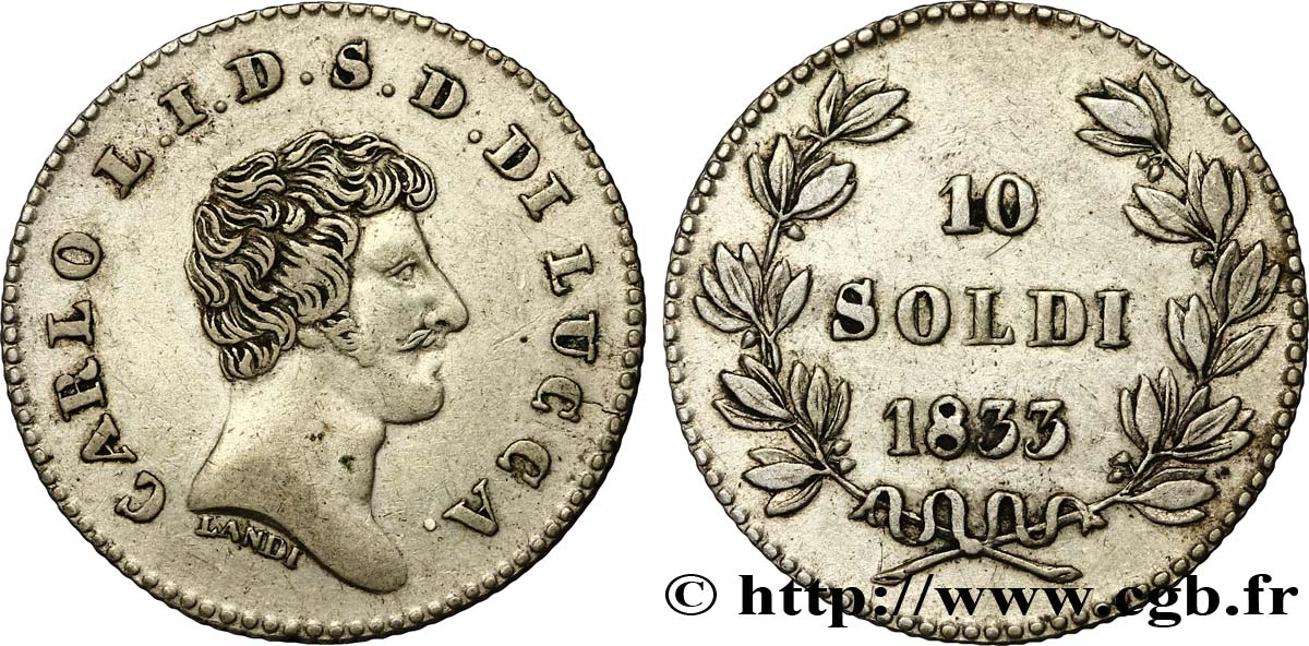 ITALIE - LUCQUES 10 Soldi Charles-Louis de Bourbon 1833 Lucques TTB+ 