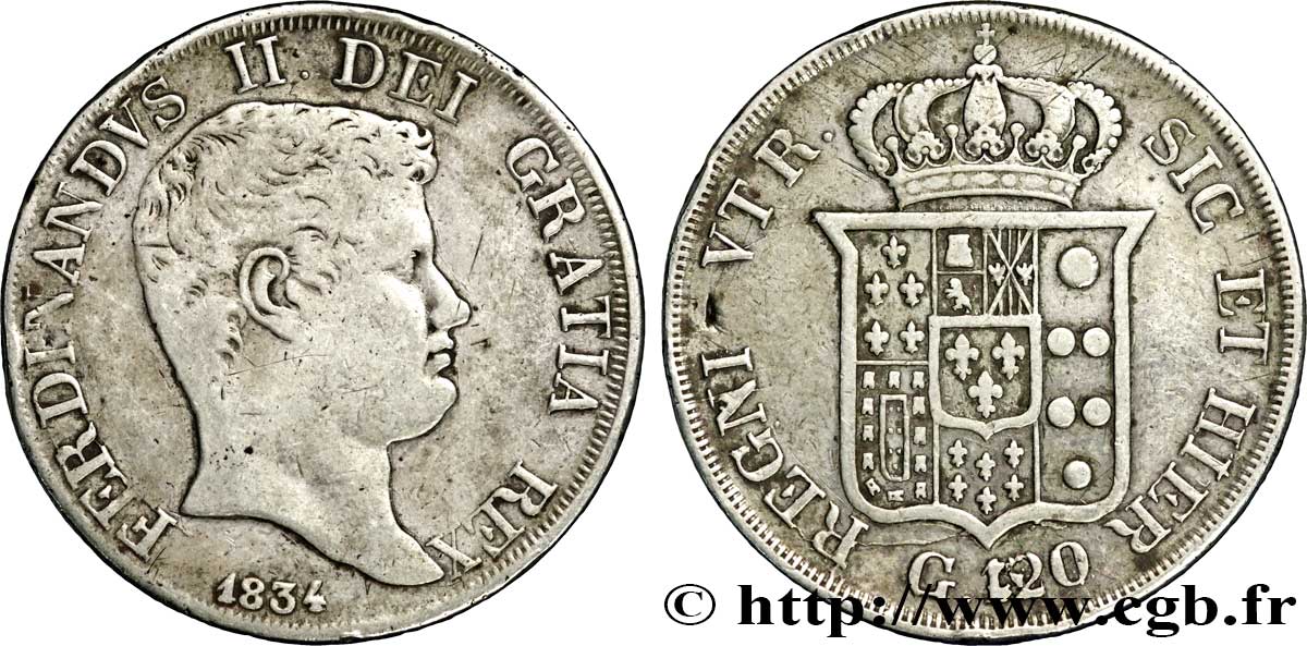 ITALIE - ROYAUME DES DEUX-SICILES 120 Grana Ferdinand II, roi de Naples et Sicile 1834 Naples TB 
