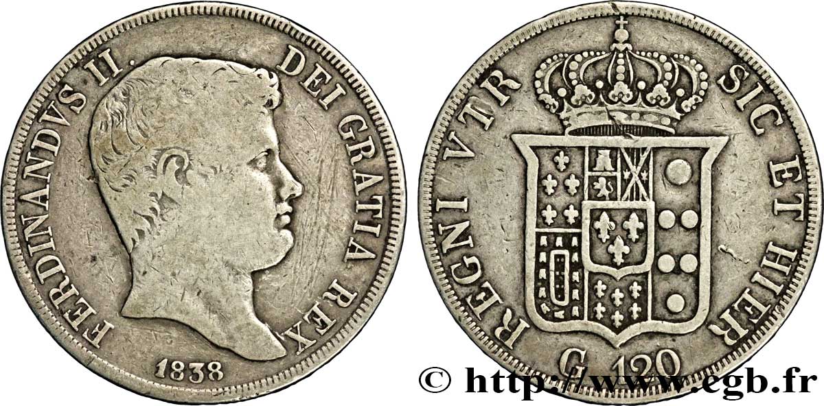 ITALIEN - KÖNIGREICH BEIDER SIZILIEN 120 Grana Ferdinand II, roi de Naples et Sicile 1838 Naples S 