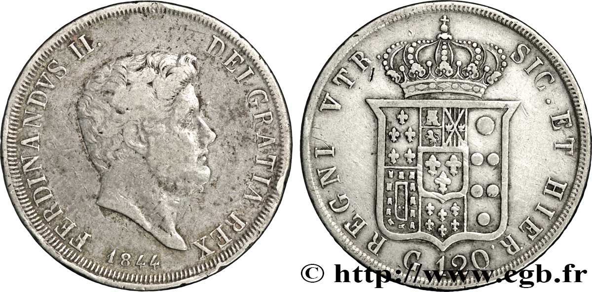 ITALIA - REINO DE LAS DOS SICILIAS 120 Grana Royaume des Deux-Siciles, Ferdinand II / écu couronné 1844 Naples BC+ 