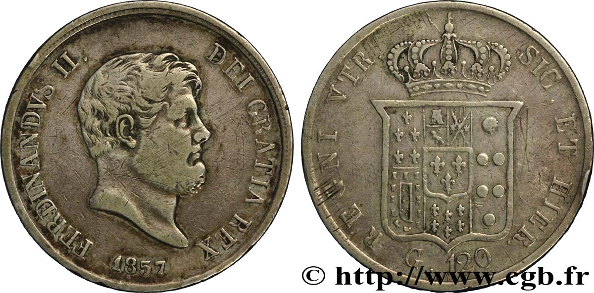 ITALIEN - KÖNIGREICH BEIDER SIZILIEN 120 Grana Ferdinand II, roi de Naples et Sicile 1857 Naples S 