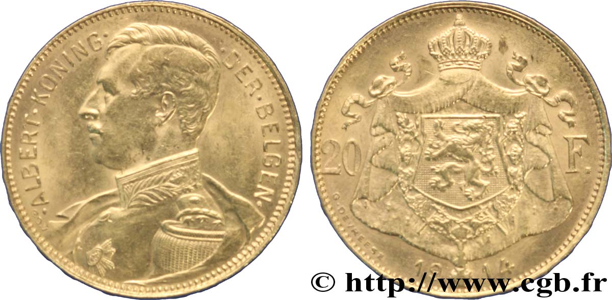 BELGIUM 20 Francs or Albert Ier tête nue légende flamande, tranche position A 1914  AU 