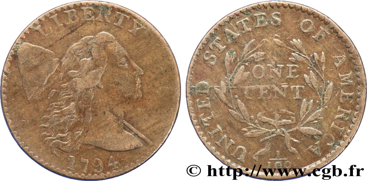 UNITED STATES OF AMERICA 1 Large Cent “Tête de 1794” 1794 Philadelphie VF 