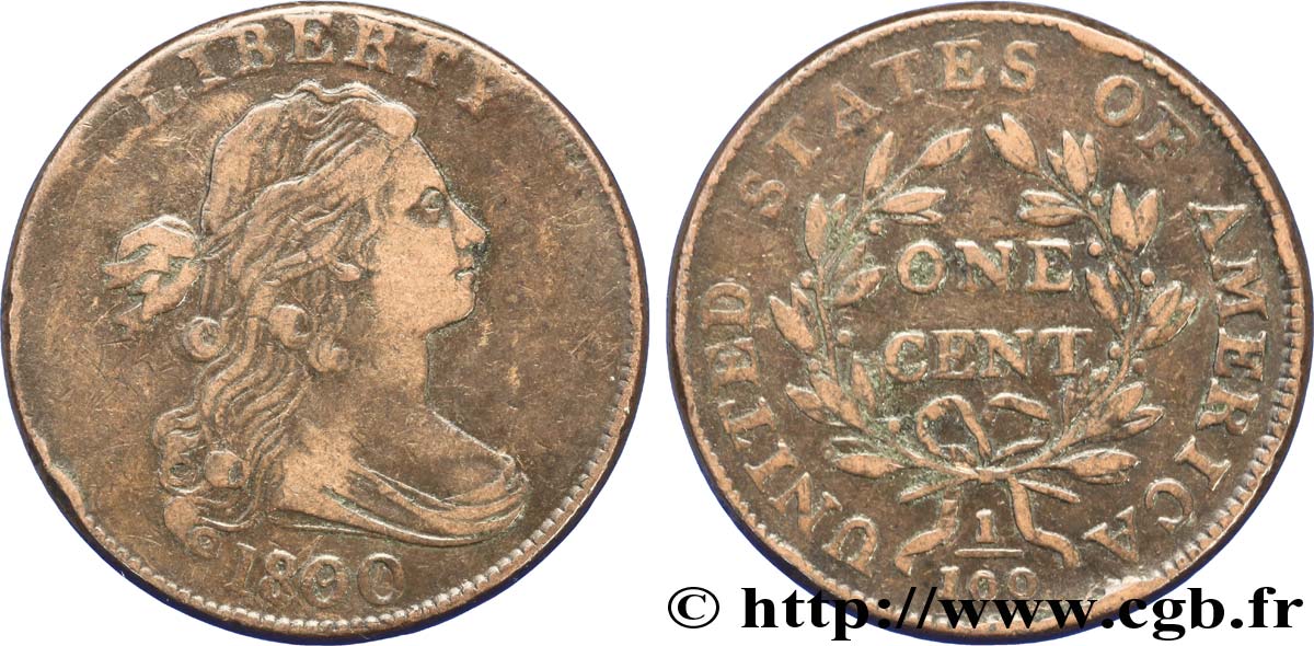 UNITED STATES OF AMERICA 1 Cent type au buste drapé variété surfrappe 80/79 1800 Philadelphie VF 