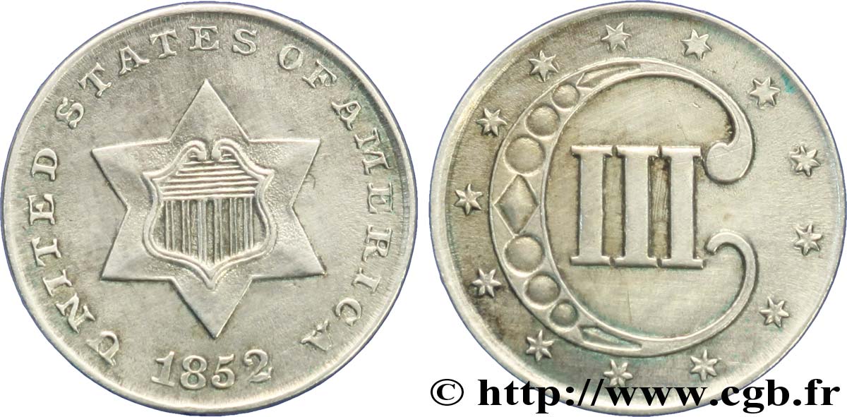 UNITED STATES OF AMERICA 3 Cents 1852 Philadelphie AU 