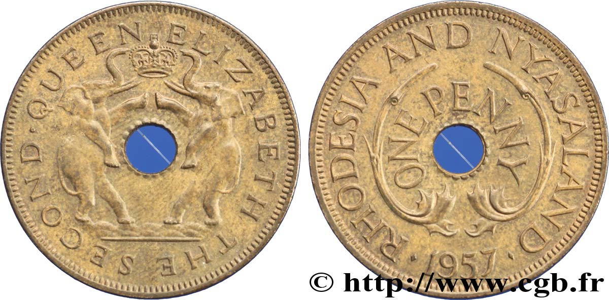 RODESIA Y NIASALANDIA (Federación de) 1 Penny frappe au nom d’Elisabeth II, deux éléphants de part et d’autre d’une couronne 1956  EBC 