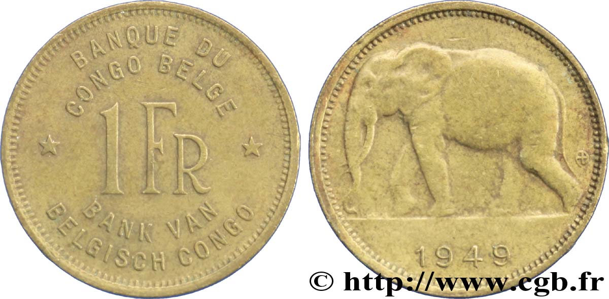 CONGO BELGA 1 Franc éléphant 1949  BB 