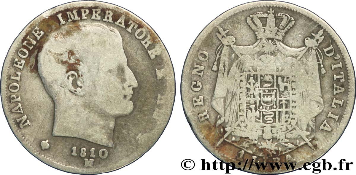 ITALIA - REGNO D ITALIA - NAPOLEONE I 1 Lire Napoléon Empereur et Roi d’Italie, étoiles en relief sur la tranche 1810 Milan - M MB 