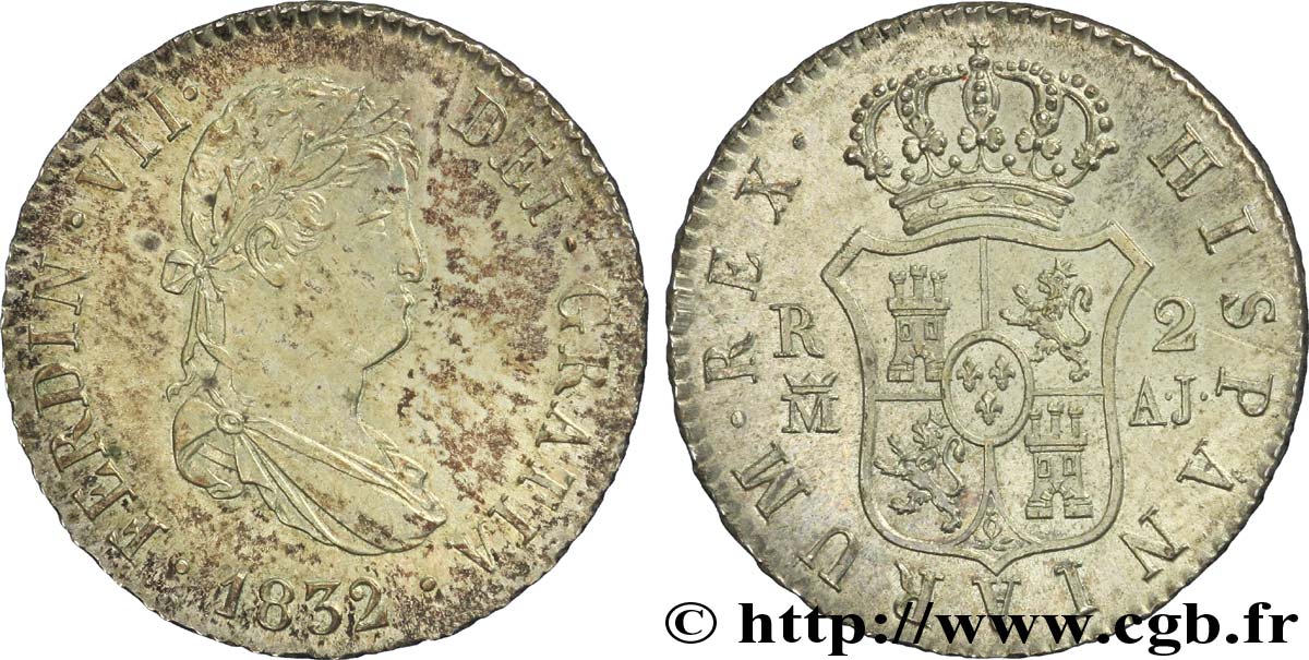 SPAGNA 2 Reales Ferdinand VII 1832 Madrid MS63 