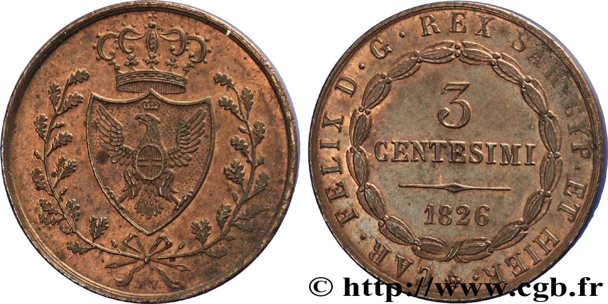 ITALY - KINGDOM OF SARDINIA 3 Centesimi 1826 Bologne MS62 