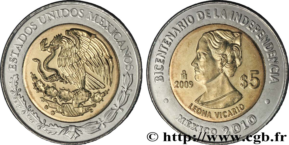 MÉXICO 5 Pesos Bicentenaire de l’Indépendance : aigle / Leona Vicario 2009 Mexico SC 