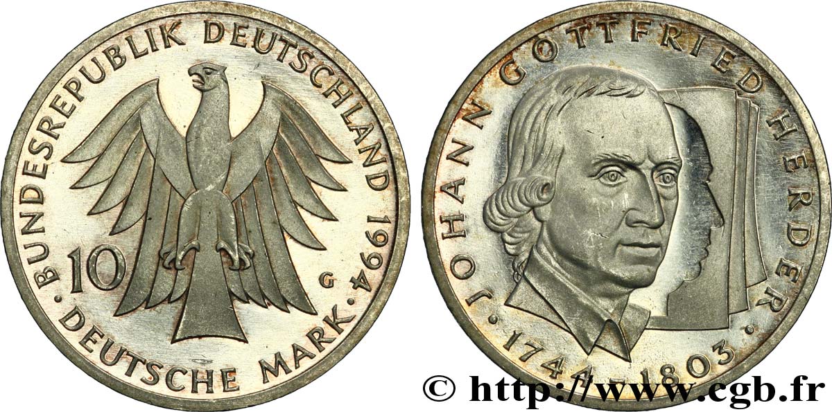 GERMANY 10 Mark Proof aigle héraldique / 250e naissance de Gottfried von Herder 1993 Karlsruhe - G AU 