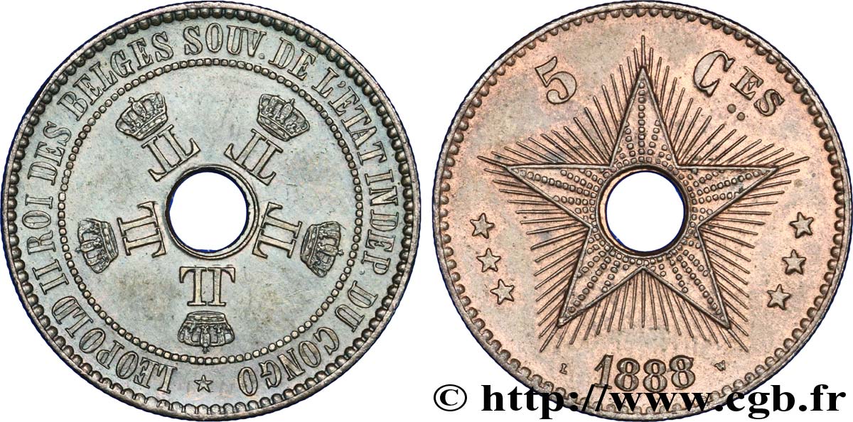CONGO FREE STATE 5 Centimes variété 1888/7 1888  AU 