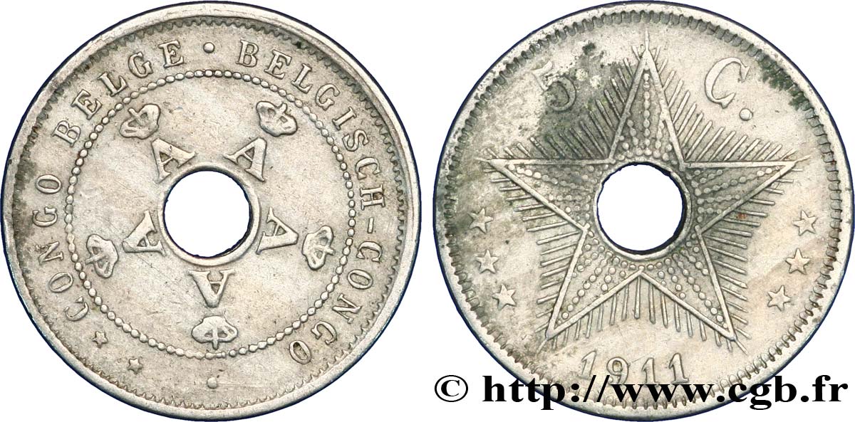 CONGO BELGA 5 Centimes monogrames du roi Albert 1911 Heaton BB 