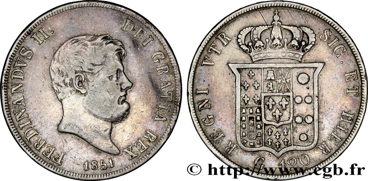 ITALIE - ROYAUME DES DEUX-SICILES 120 Grana Royaume des Deux-Siciles, Ferdinand II / écu couronné 1851 Naples TB 