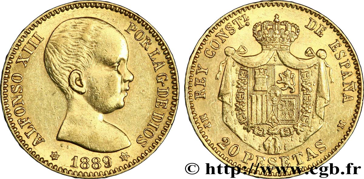SPAIN 20 Pesetas Alphonse XIII 1889 Madrid AU 