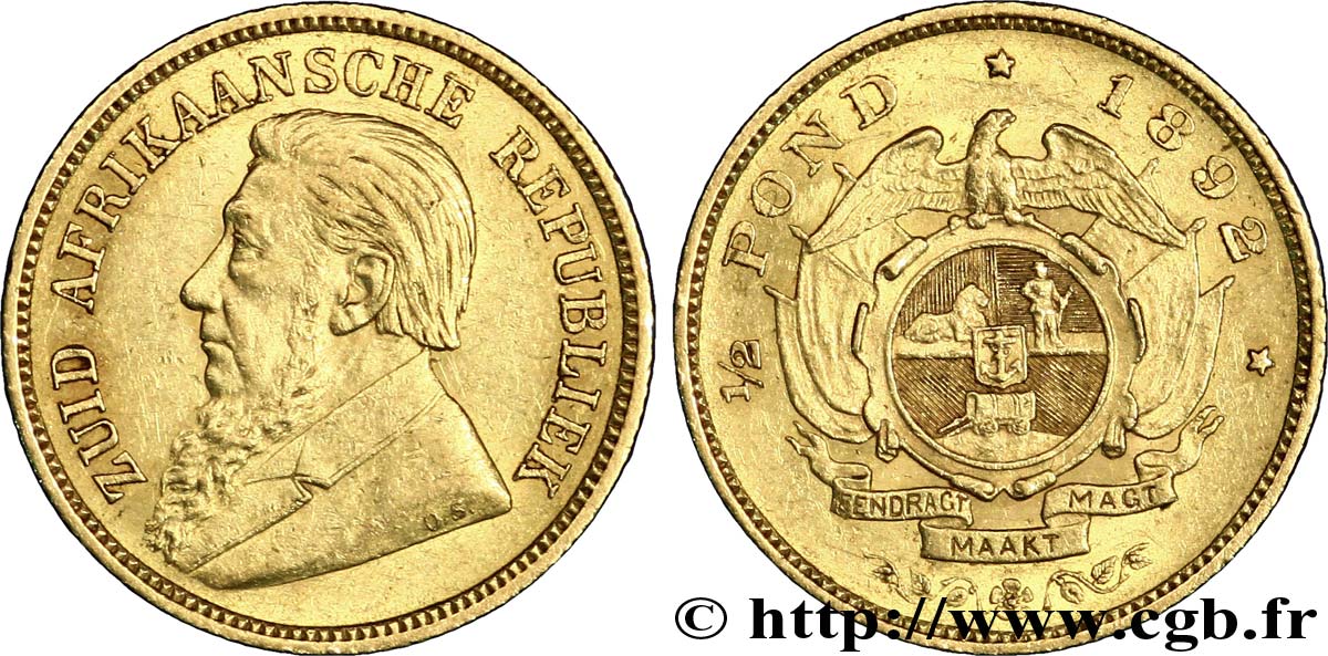 AFRIQUE DU SUD 1/2 Pond président Paul Kruger / armes de la République Sud-Africaine 1892 Prétoria TTB+ 