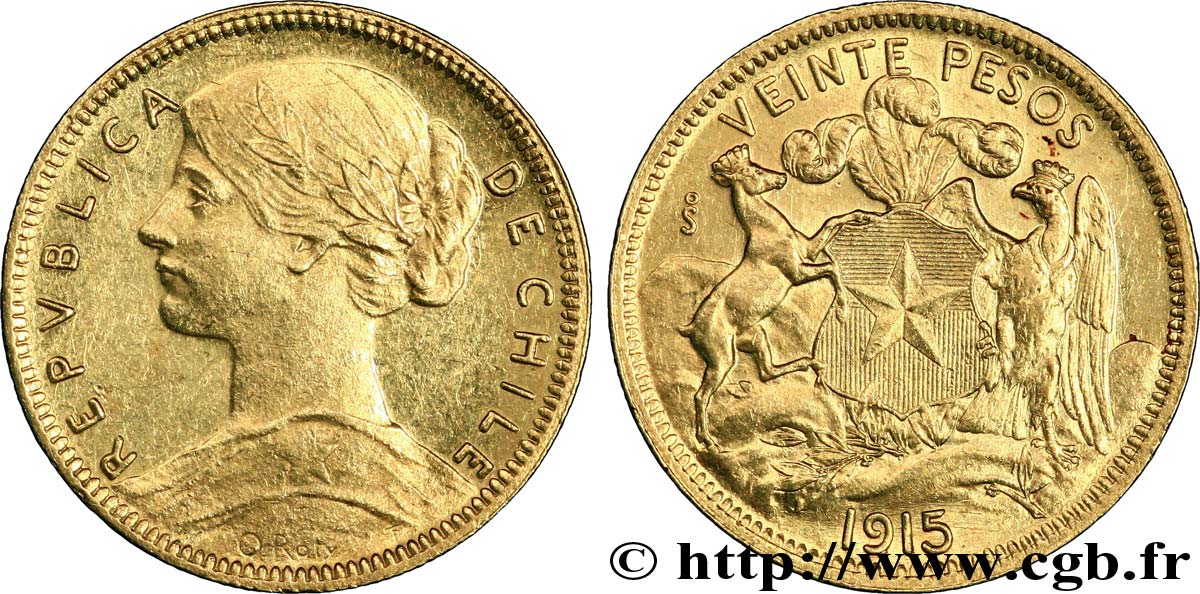 CILE 20 Pesos or 1915 S°, Santiago du Chili SPL 