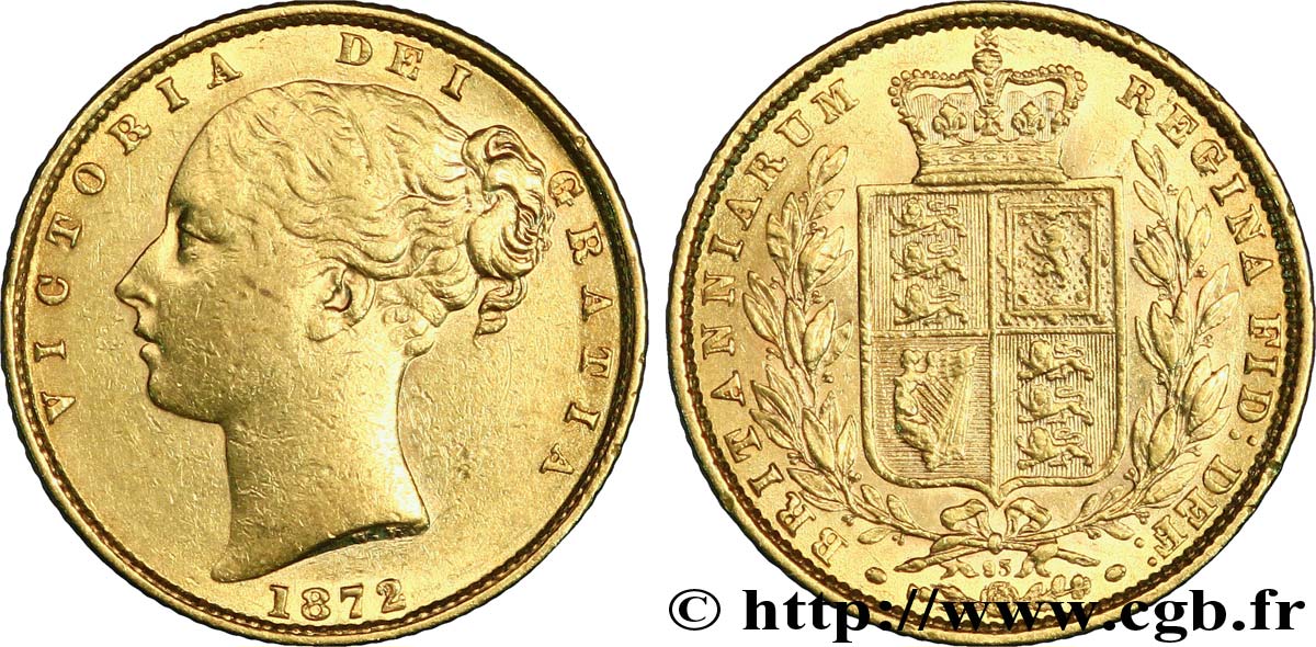 REGNO UNITO 1 Souverain Victoria buste jeune / blason variété avec numéro de coin, coin n°83 1872 Londres BB 