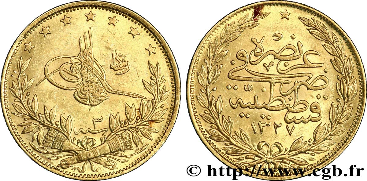 TURCHIA 100 Kurush en or Sultan Mohammed V Resat AH 1327, An 3 1911 Constantinople SPL 