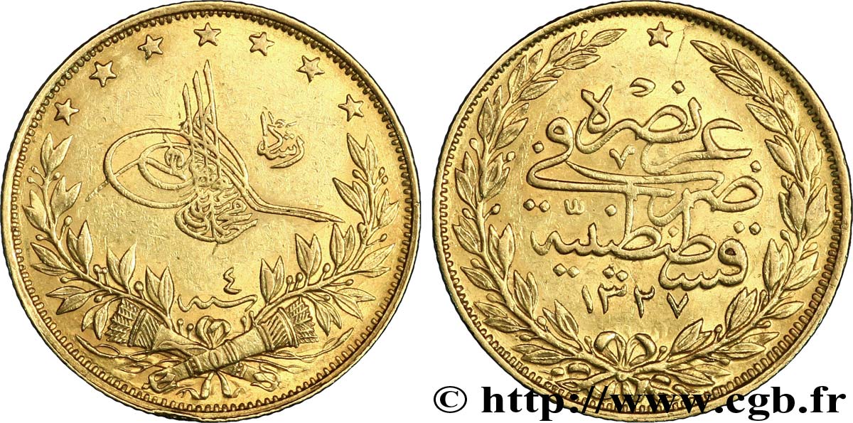 TURKEY 100 Kurush en or Sultan Mohammed V Resat AH 1327, An 4 1912 Constantinople AU 