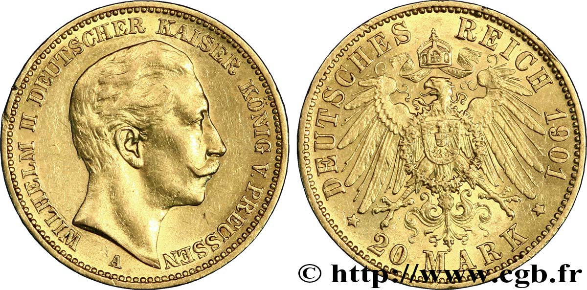 DEUTSCHLAND - PREUßEN 20 Mark or, 2e type Guillaume II / aigle impérial 1901 Berlin VZ 