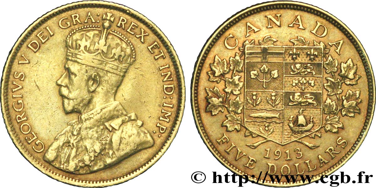 CANADá
 5 Dollars or Georges V / écu 1913 Ottawa MBC 