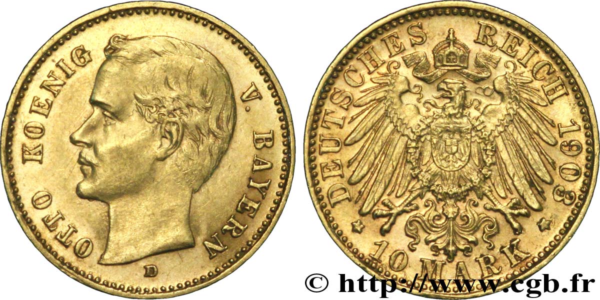 GERMANY - BAVARIA 10 Mark or, 3e type Othon de Bavière 1903 Münich AU 