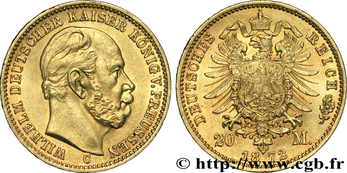 ALEMANIA - PRUSIA 20 Mark royaume de Prusse Guillaume Ier, 1e type / aigle héraldique 1872 Francfort - C EBC 