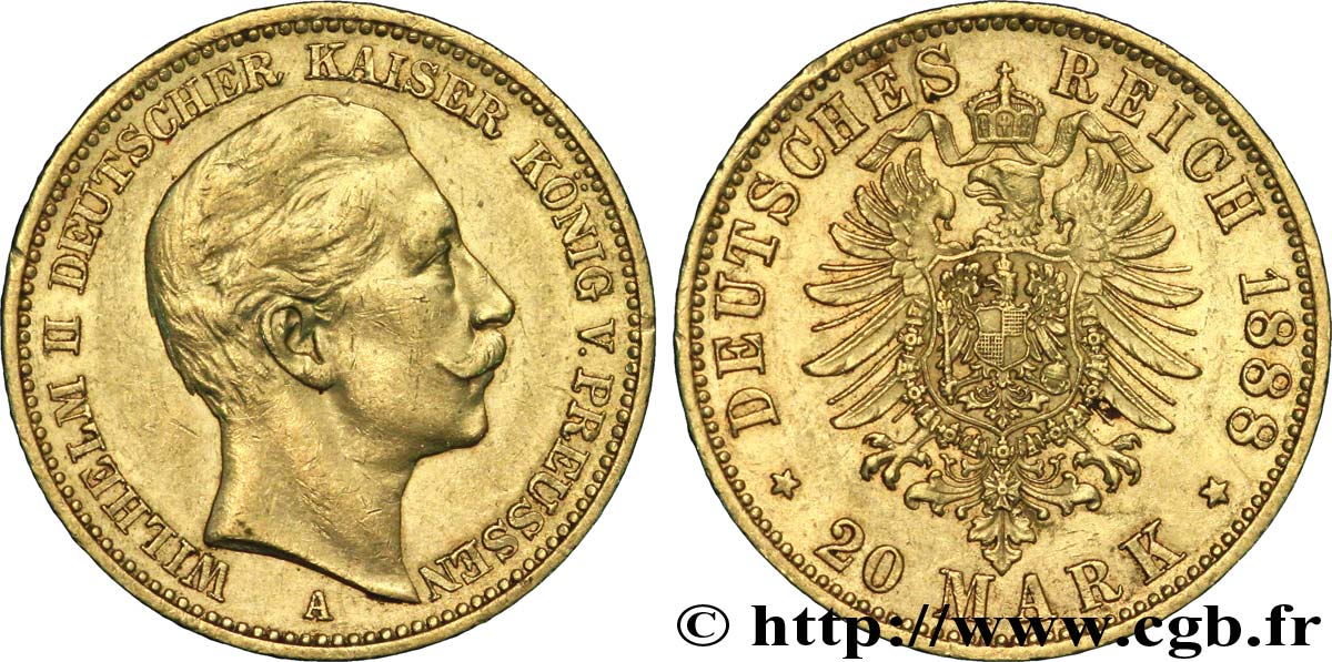 ALEMANIA - PRUSIA 20 Mark royaume de Prusse Guillaume II / aigle héraldique 1888 Berlin EBC 