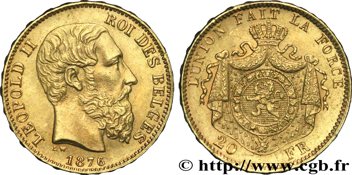 BÉLGICA 20 Francs Léopold II 1876 Bruxelles EBC 