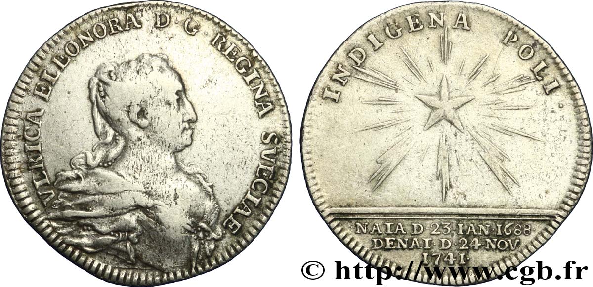 SUECIA 2 Mark (1/6 Riksdaler) mort d’Ulrique Éléonore de Suède 1741 Stockholm BC 
