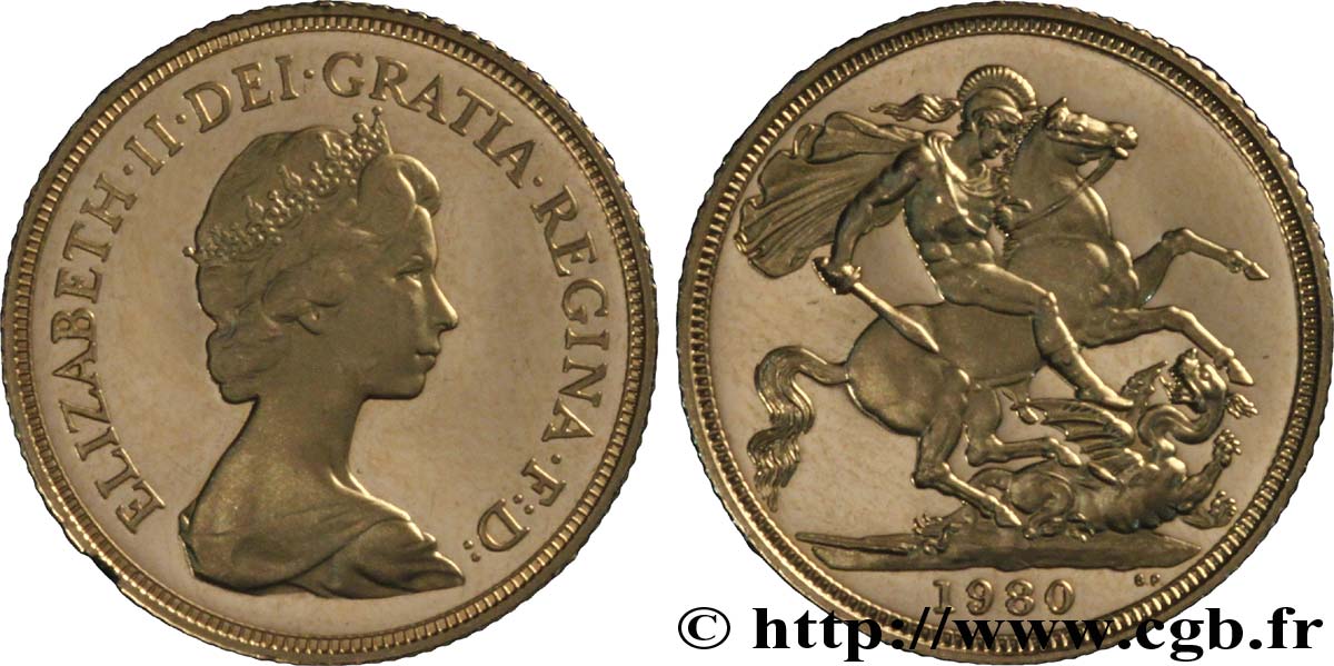 REINO UNIDO 1 Souverain Proof Élisabeth II  / St Georges terrassant le dragon 1980 Royal Mint, Llantrisant SC 