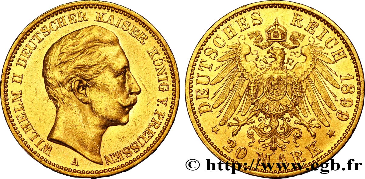GERMANIA - PRUSSIA 20 Mark royaume de Prusse Guillaume II / aigle héraldique 1899 Berlin SPL 