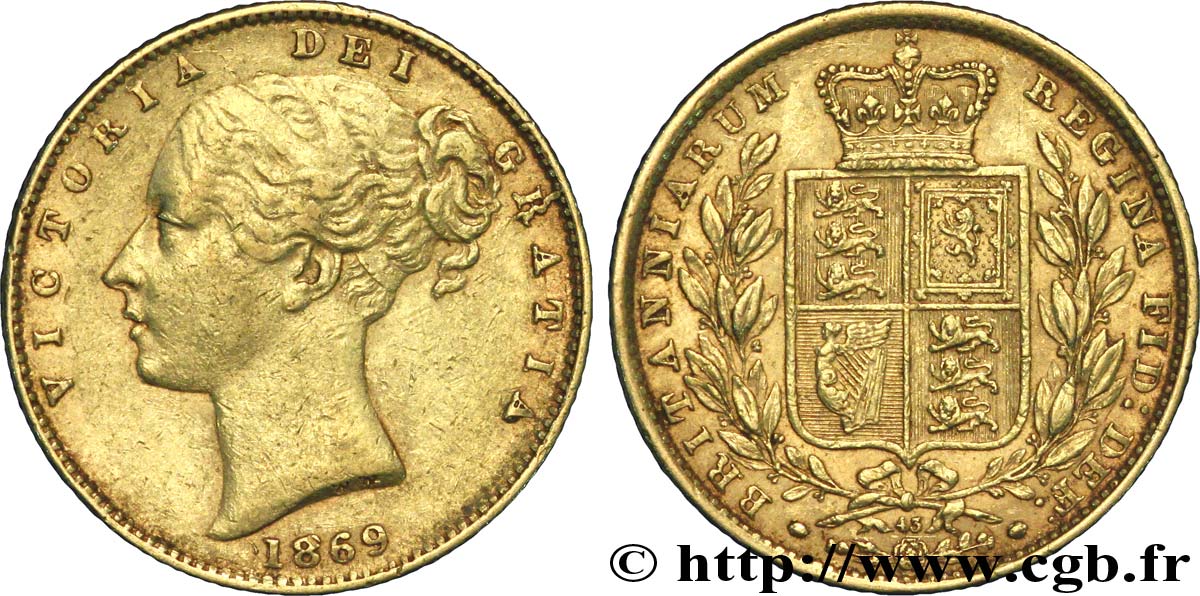 ROYAUME-UNI 1 Souverain Victoria buste jeune / blason variété avec numéro de coin, coin n°18 1869 Londres TTB+ 