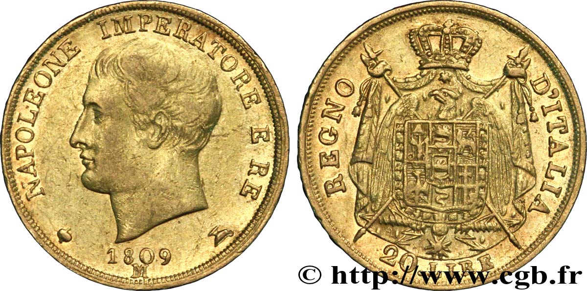 ITALY - KINGDOM OF ITALY - NAPOLEON I 20 Lire or, 2e type, tranche en creux, étoile à cinq branches 1809 Milan XF 