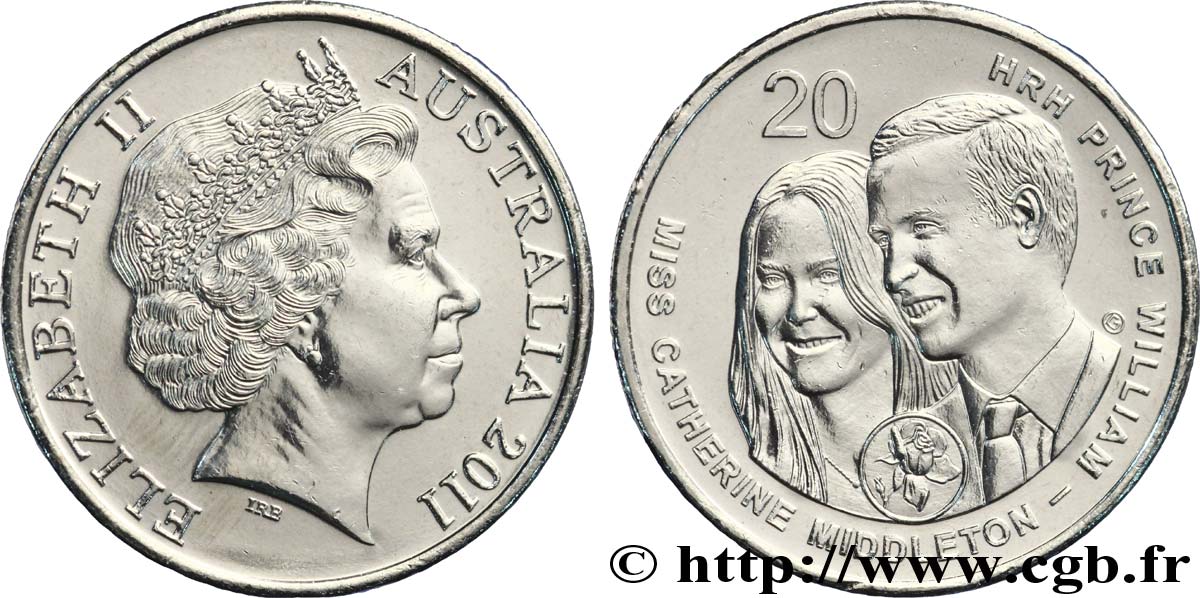 AUSTRALIEN 20 Cents Elisabeth II / mariage princier de Catherine Middleton et du prince William 2011  VZ 
