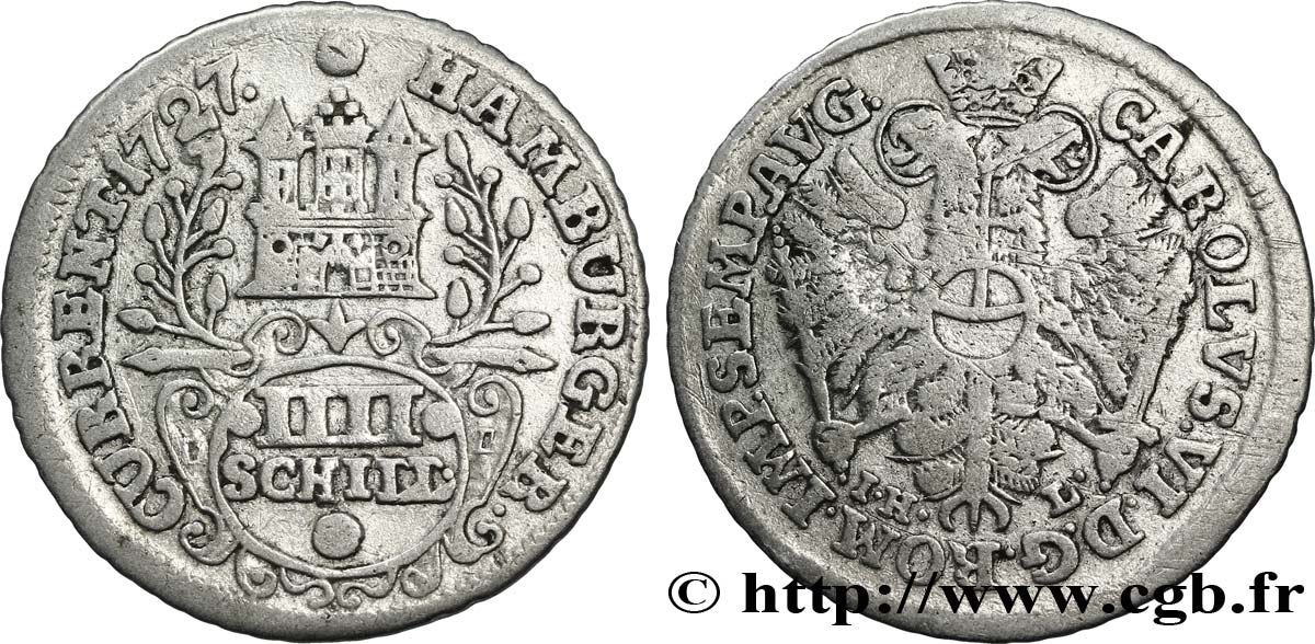 ALEMANIA - CIUDAD LIBRE DE HAMBURGO 4 Schilling armes de la ville / aigle impérial 1727 Hambourg BC+ 