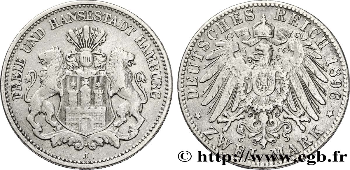 GERMANIA - LIBERA CITTA DE AMBURGO 2 Mark blason de Hambourg / aigle 1896 Hambourg - J BB 