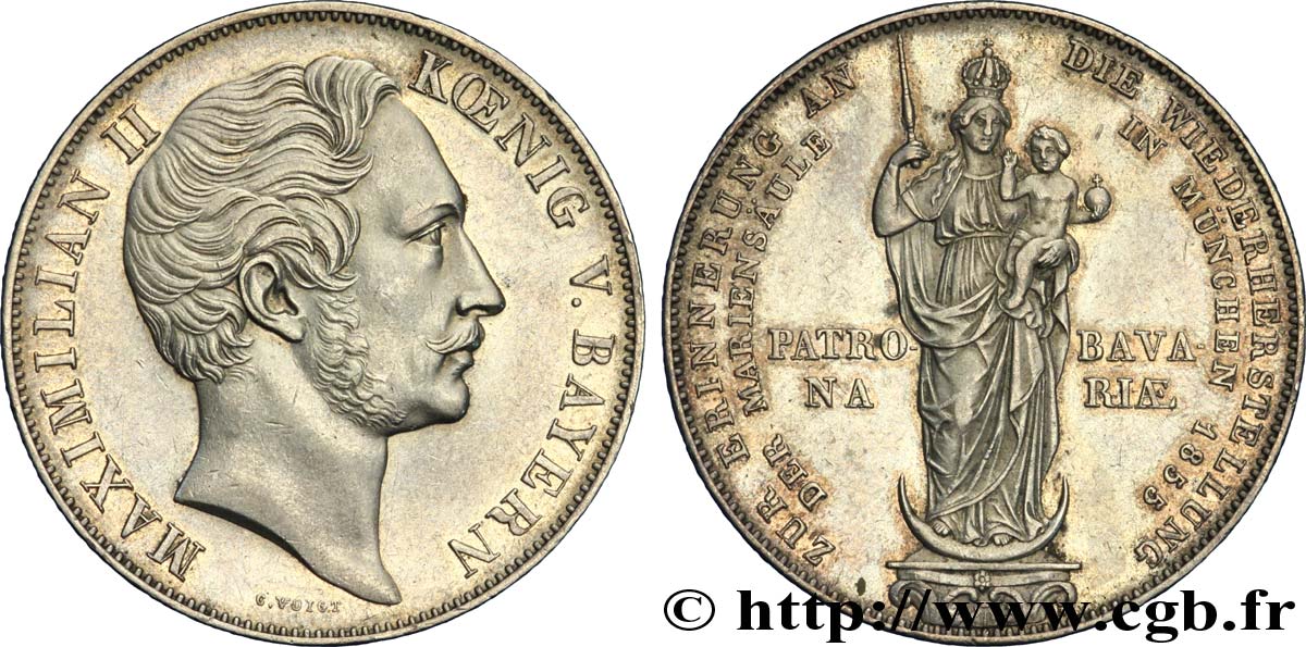 DEUTSCHLAND - BAYERN 2 Gulden (Mariengulden) Maximilien II roi de Bavière / Madone patronne de la Bavière 1855  VZ 