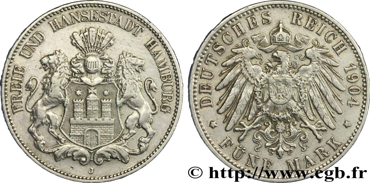 GERMANIA - LIBERA CITTA DE AMBURGO 5 Mark blason de Hambourg / aigle 1904 Hambourg - J BB 