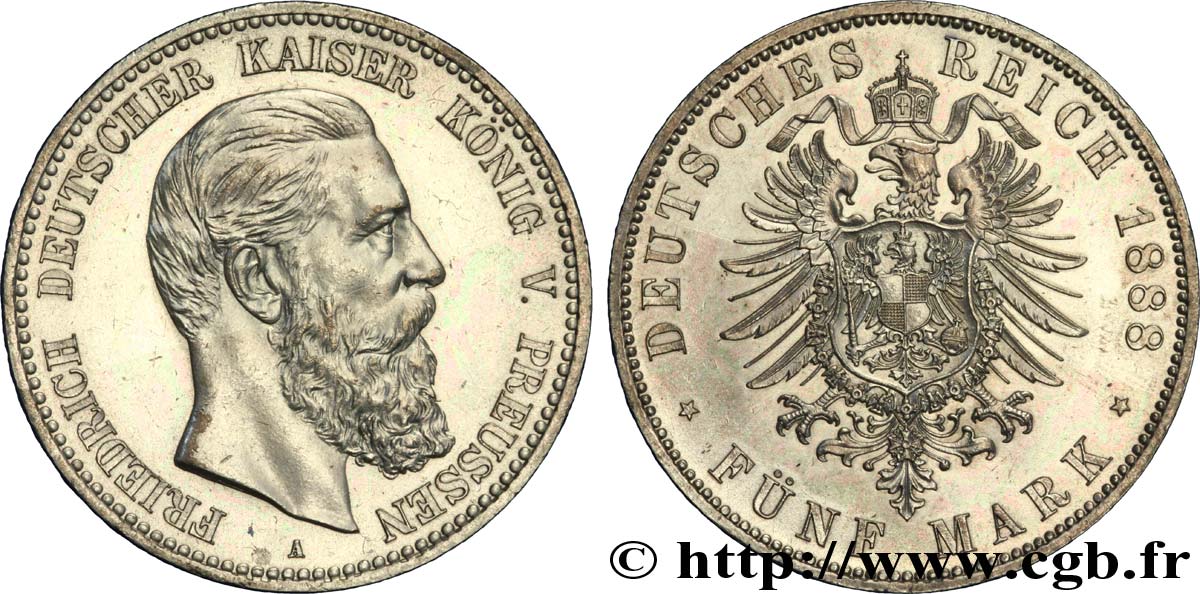 GERMANIA - PRUSSIA 5 Mark Frédéric III 1888 Berlin SPL 