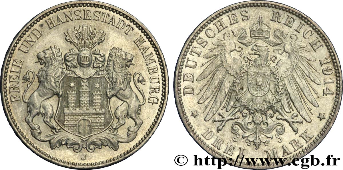 GERMANIA - LIBERA CITTA DE AMBURGO 3 Mark blason de Hambourg / aigle 1914 Hambourg - J SPL 