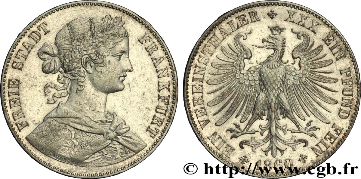 GERMANIA - LIBERA CITTA DE FRANCOFORTE 1 Vereinsthaler Francofurtia / aigle héraldique 1860 Francfort SPL 