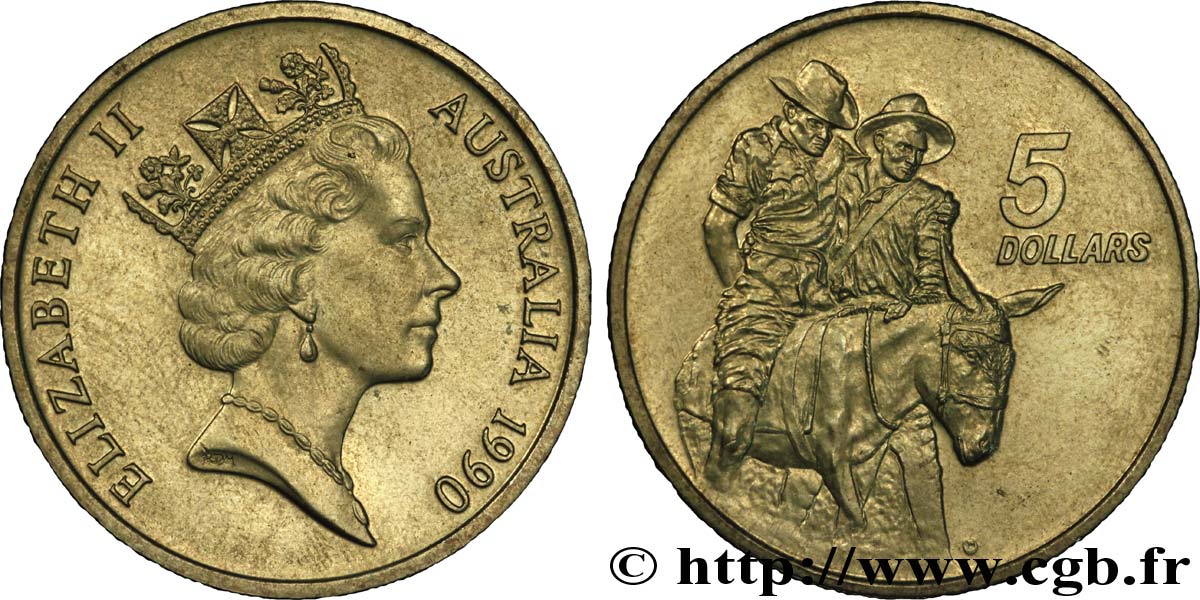 AUSTRALIEN 5 Dollars 75e anniversaire des ANZAC : Elisabeth II / deux soldats et un âne 1990  VZ 