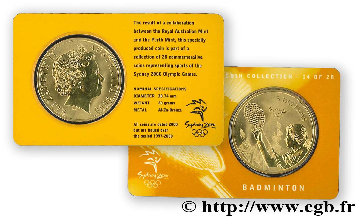 AUSTRALIA 5 Dollars J.O. de Sydney : badminton 2000  MS 