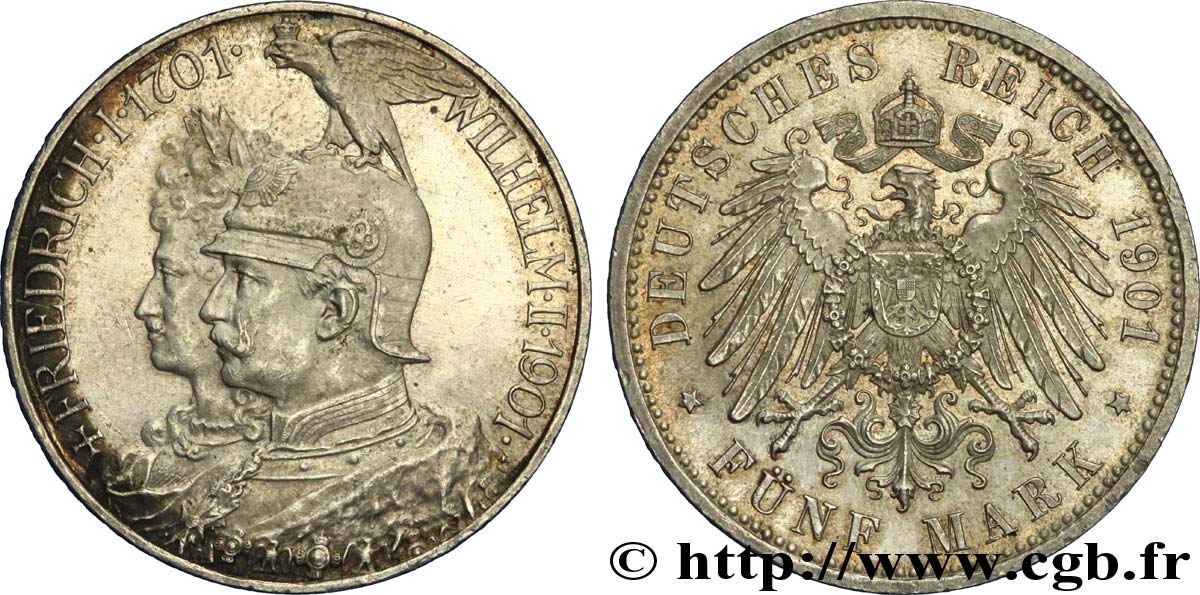 ALEMANIA - PRUSIA 5 Mark Guillaume II 200e anniversaire de la Prusse 1901 Berlin EBC 