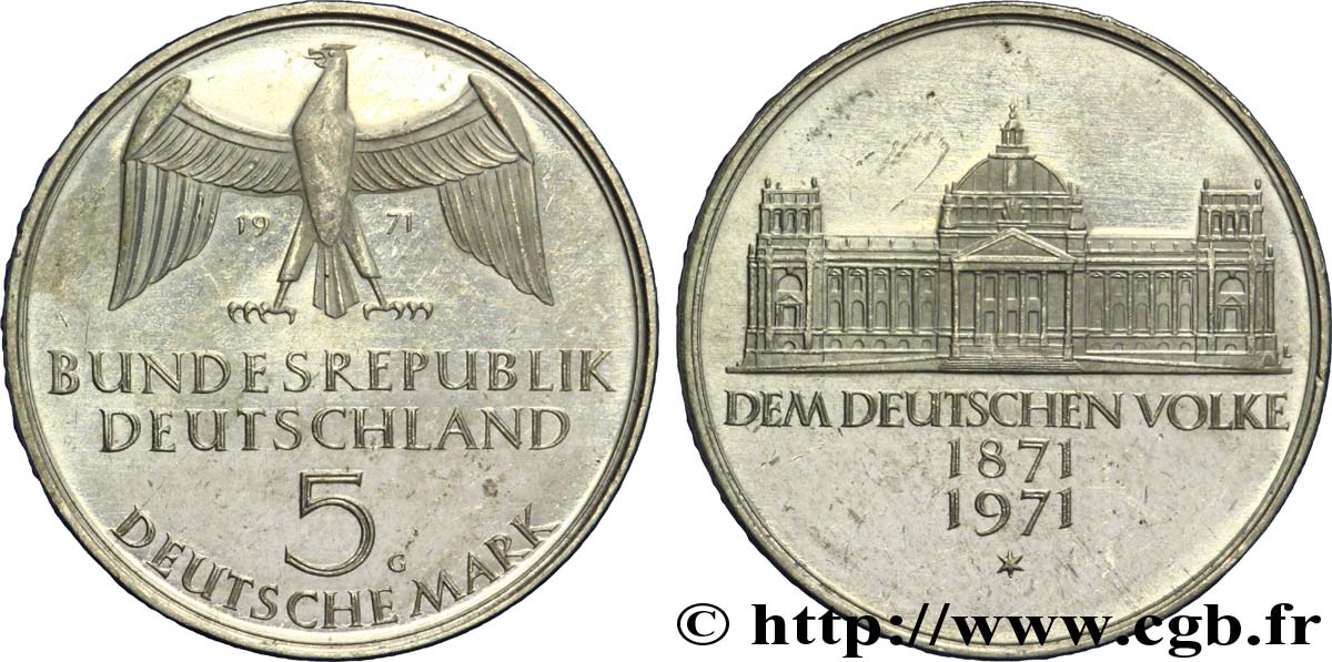 GERMANY 5 Mark / Centenaire du parlement allemand 1971 Karlsruhe - G AU 